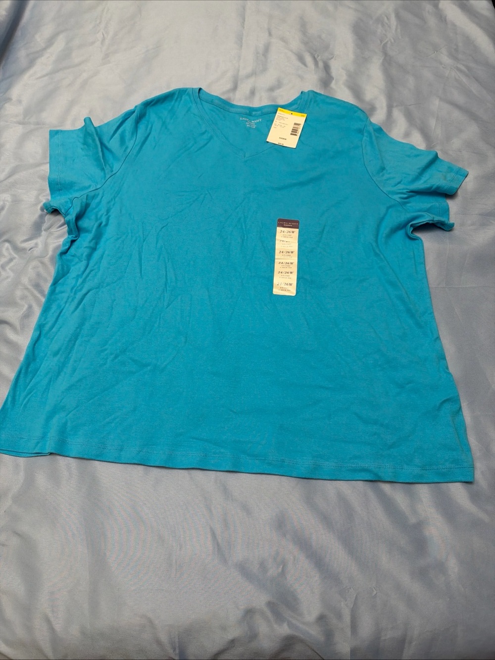 Laura Scott Women’s Blue Solid V-Neck Cotton Knit Pullover T-Shirt 24/26W New